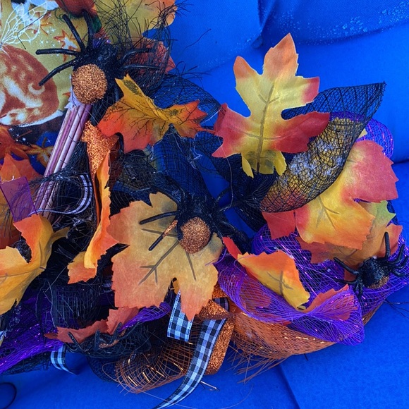 Custom By Me Halloween Witch Hat Wreath Cats Roses Brooms Autumn Leaves Spiders - Picture 3 of 15
